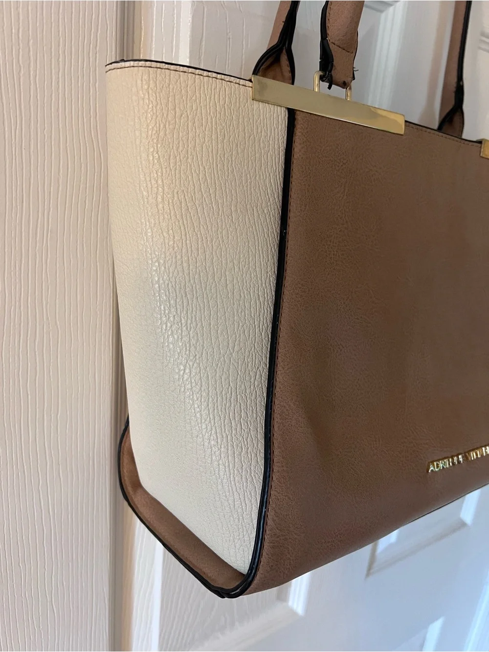 Adrienne Vittadini Taupe and Cream Shoulder Tote with Pom Charm Tan Work Bag